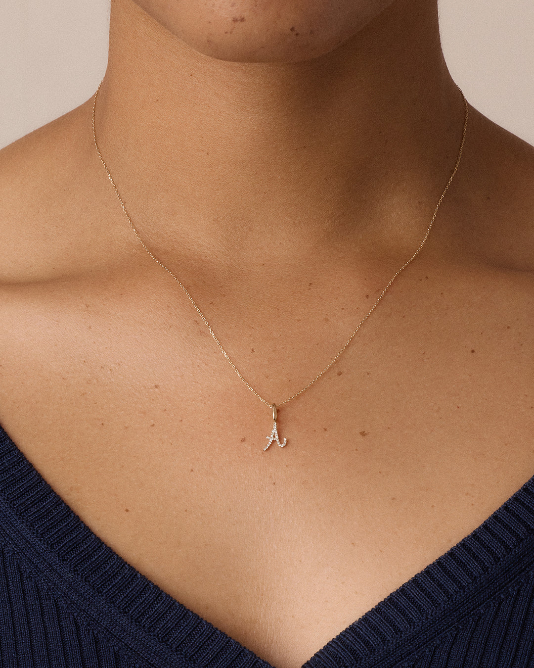 Diamond Script Alphabet Charm Necklace || option::14K Solid Gold, A