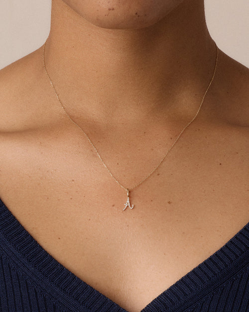 Diamond Script Alphabet Charm Necklace || option::14K Solid Gold, A