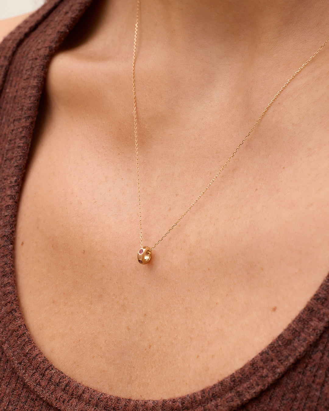 14K Gold Birthstone Halo Charm Necklace || option::14K Solid Gold, Pink Tourmaline - October