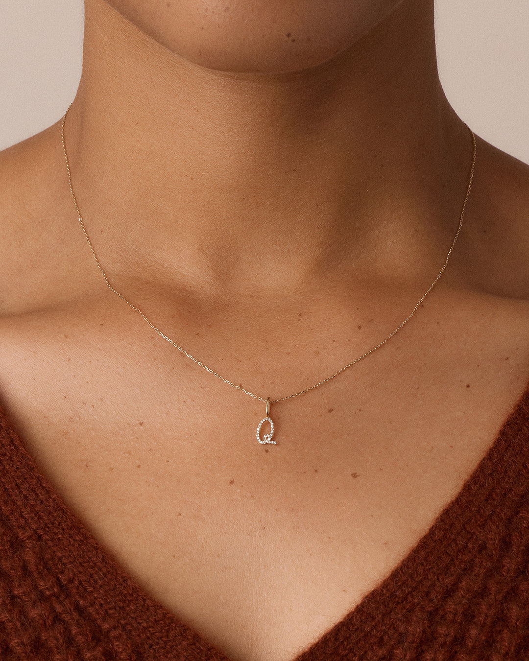 Diamond Script Alphabet Charm Necklace || option::14K Solid Gold, Q