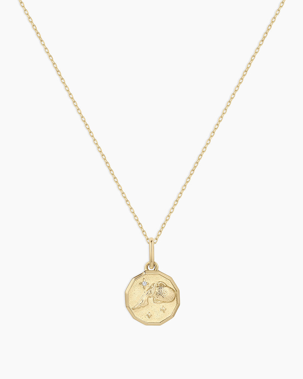 Diamond Zodiac Coin Charm Necklace || option::14K Solid Gold, Aquarius