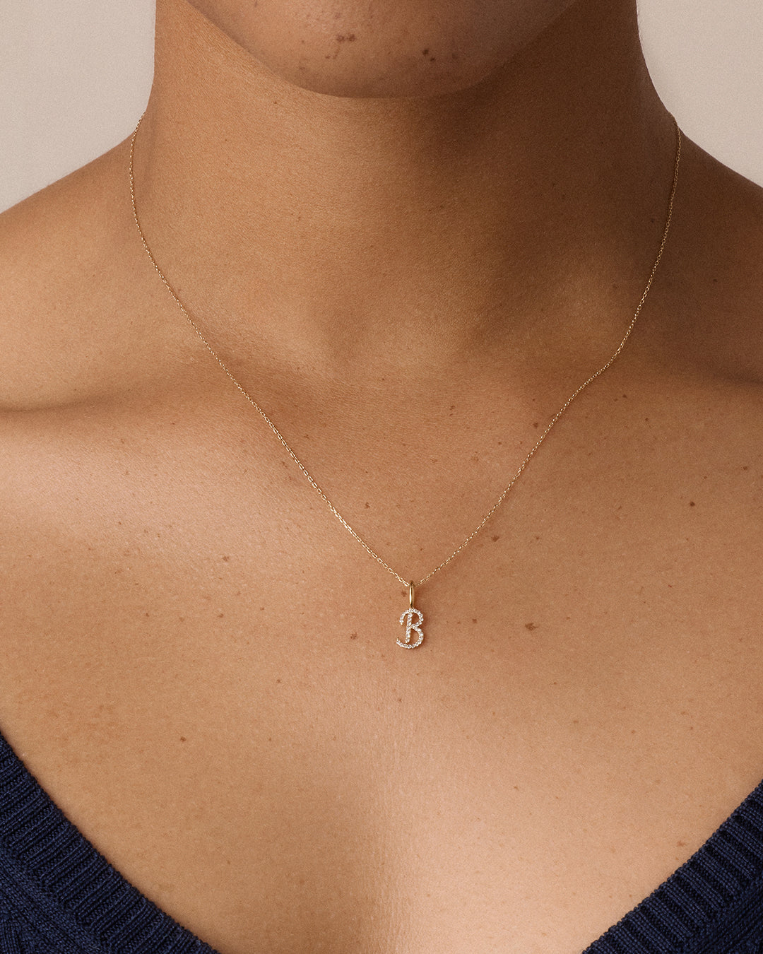 Diamond Script Alphabet Charm Necklace || option::14K Solid Gold, B