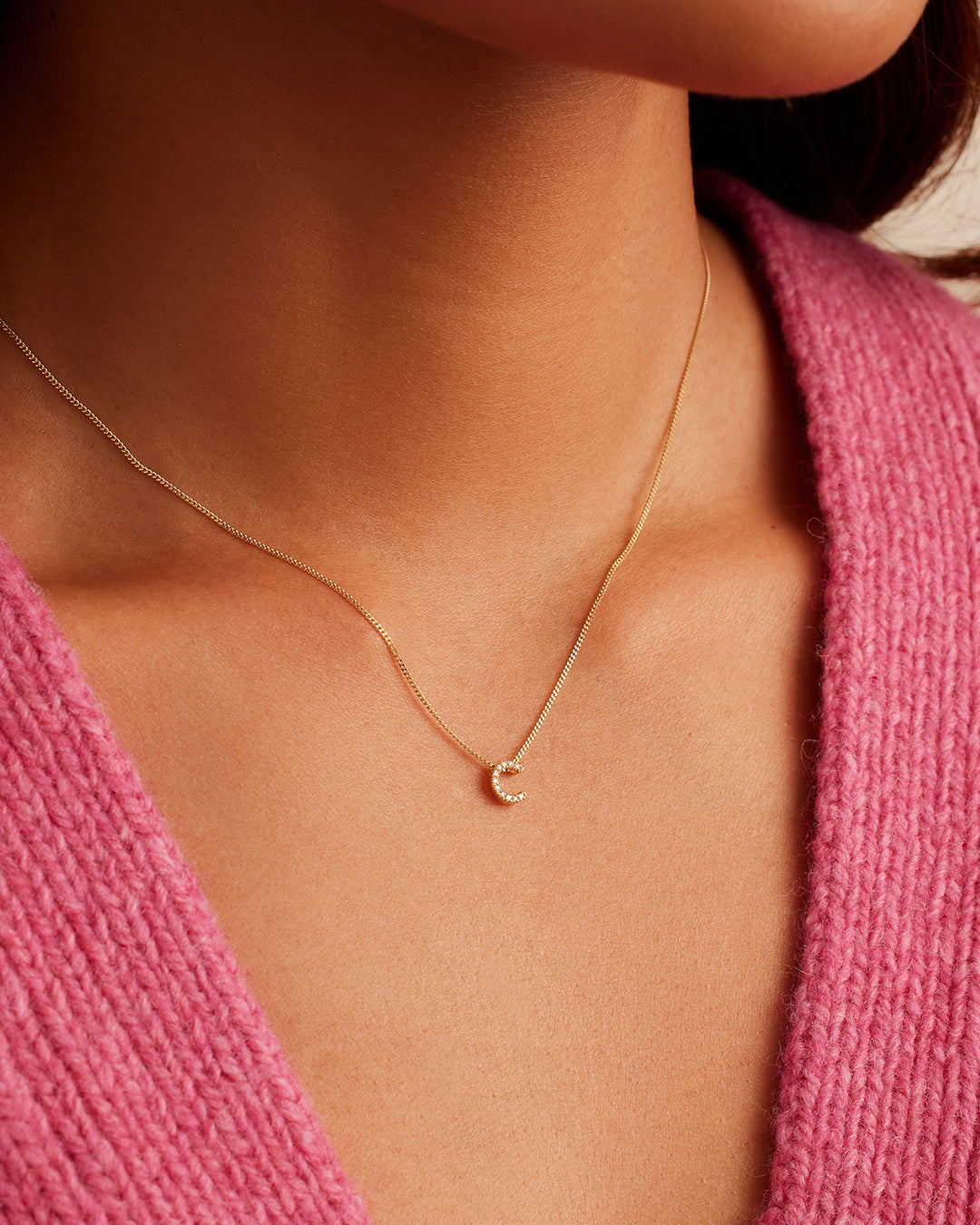 Diamond Alphabet Necklace || option::14K Solid Gold, C