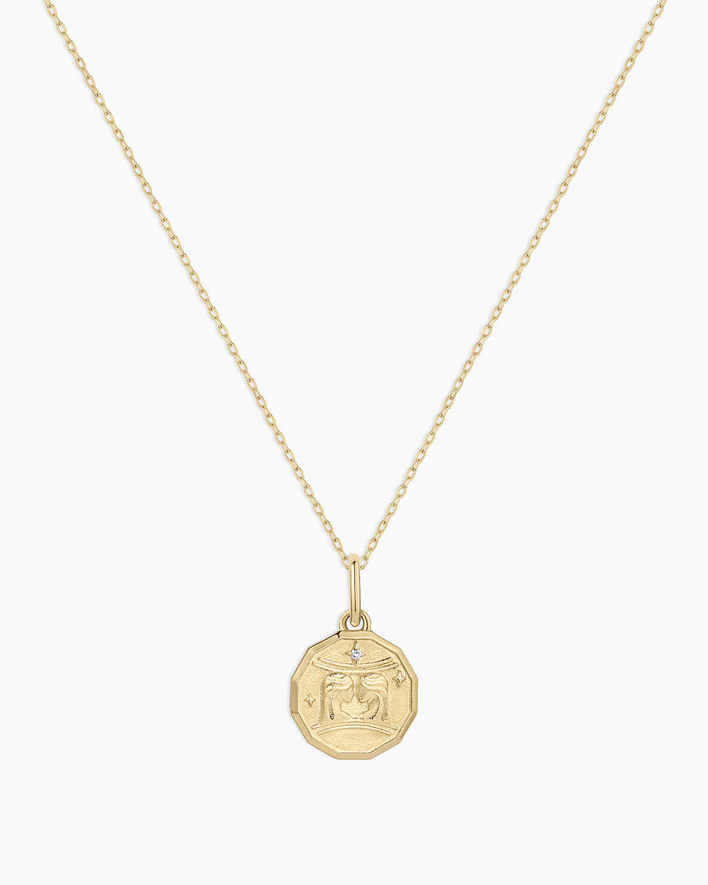 Diamond Zodiac Coin Charm Necklace || option::14K Solid Gold, Gemini