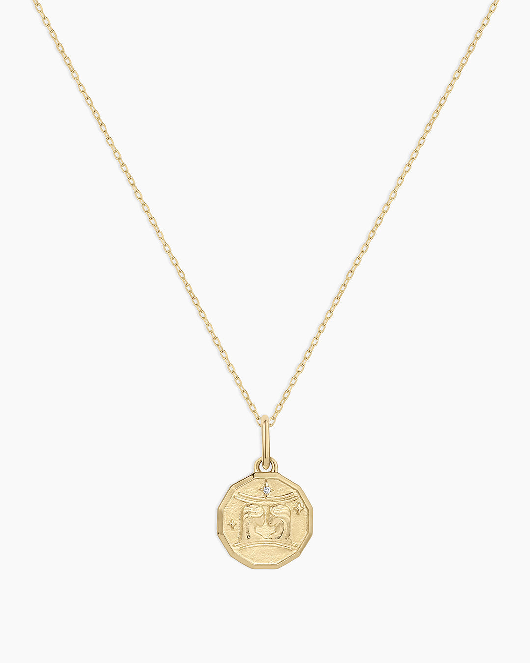Diamond Zodiac Coin Charm Necklace || option::14K Solid Gold, Gemini