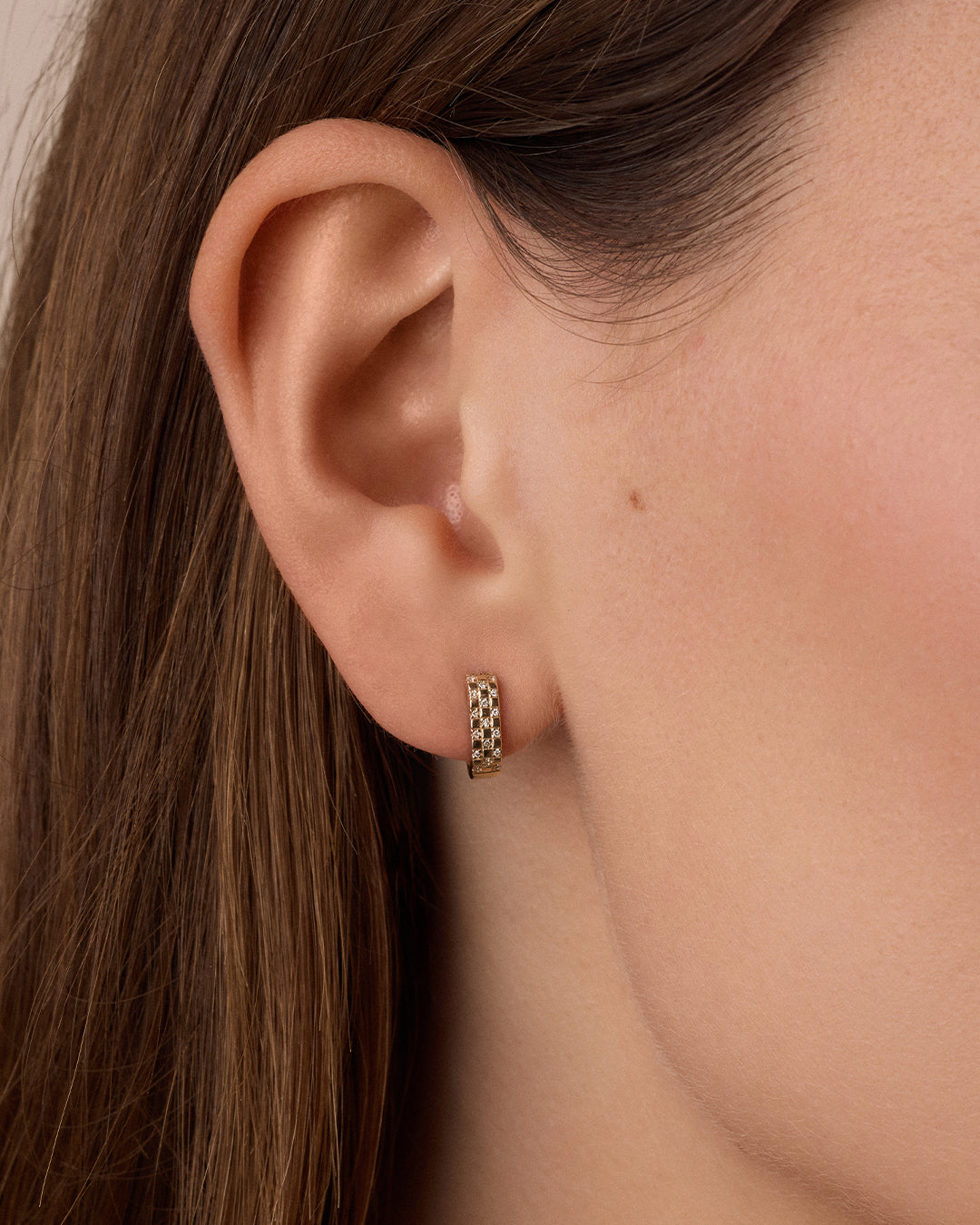 Diamond Checkered Mini Huggies || option::14K Solid Gold