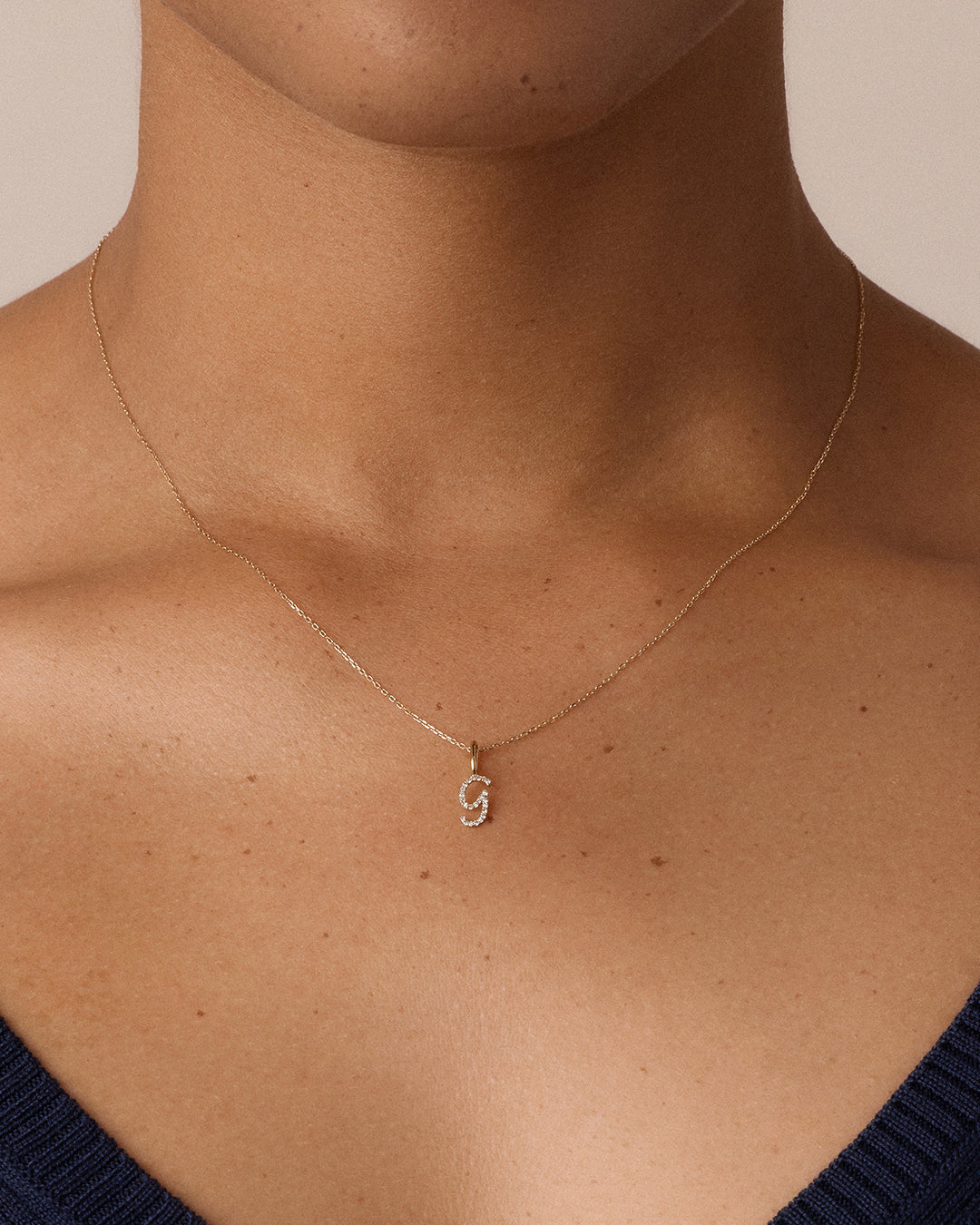 Diamond Script Alphabet Charm Necklace || option::14K Solid Gold, G