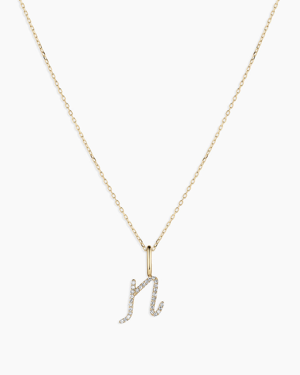 Diamond Script Alphabet Charm Necklace || option::14K Solid Gold, N
