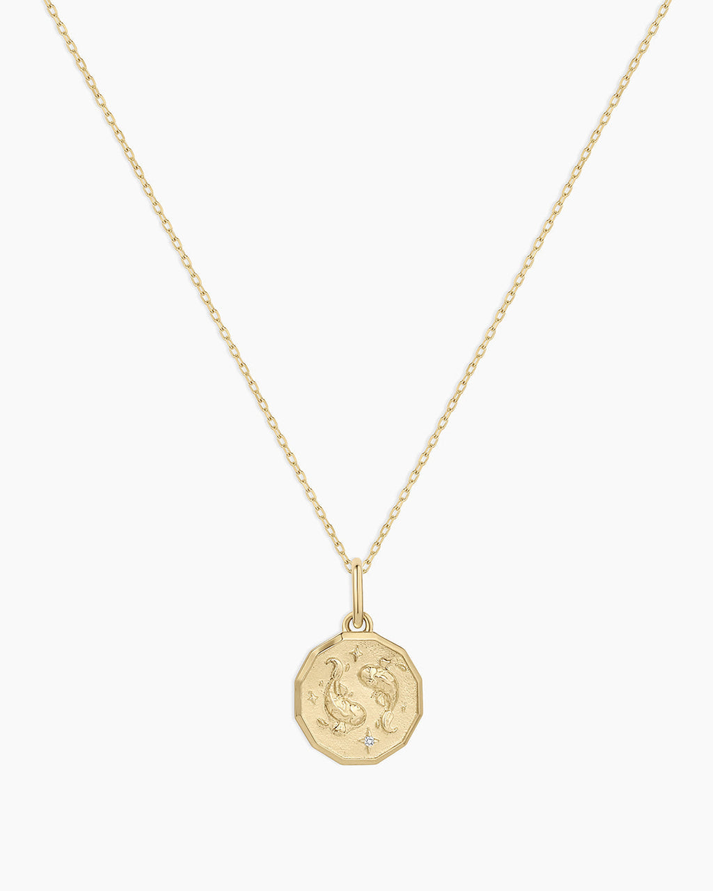 Diamond Zodiac Coin Charm Necklace || option::14K Solid Gold, Pisces