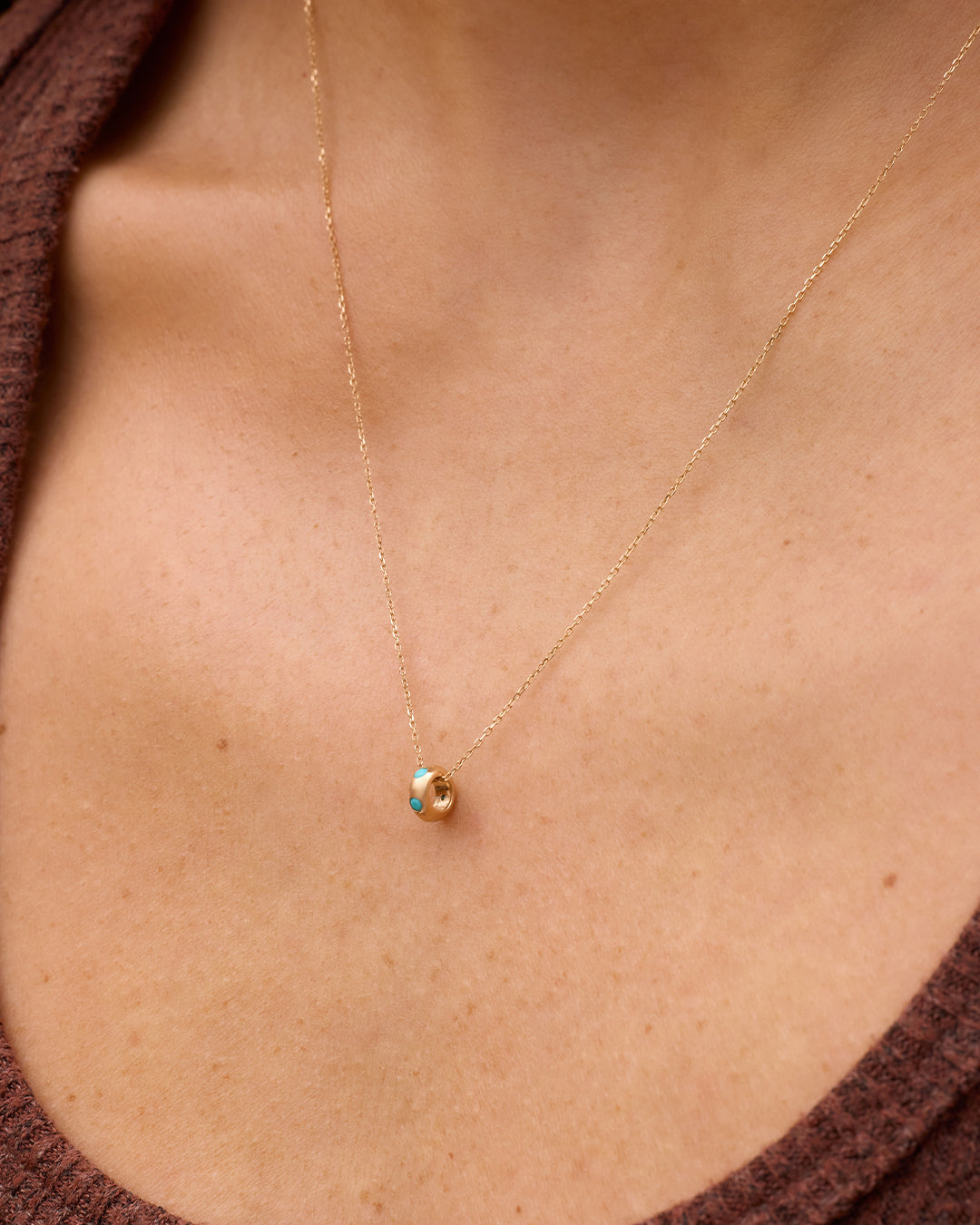 14K Gold Birthstone Halo Charm Necklace || option::14K Solid Gold, Turquoise - December