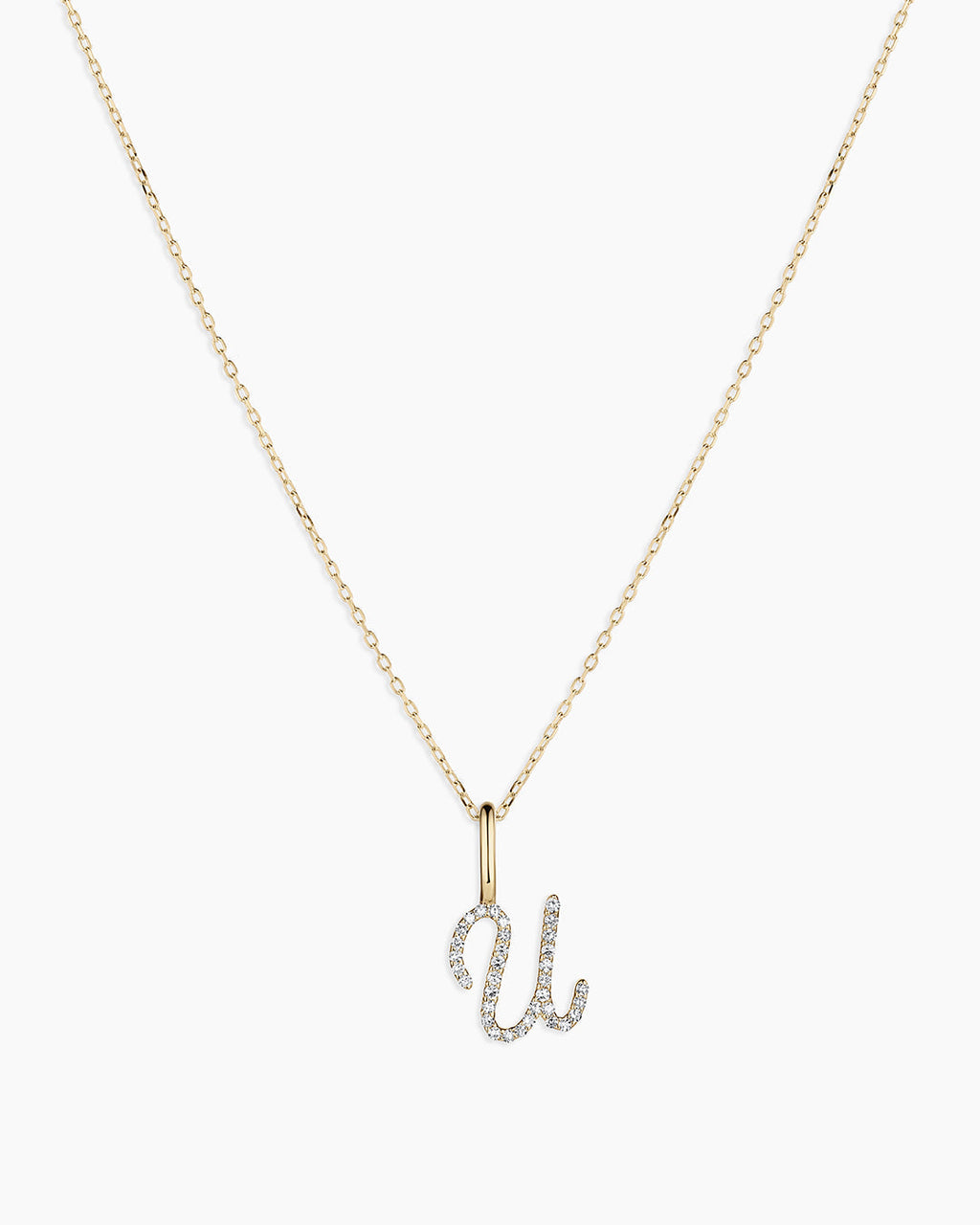 Diamond Script Alphabet Charm Necklace || option::14K Solid Gold, U