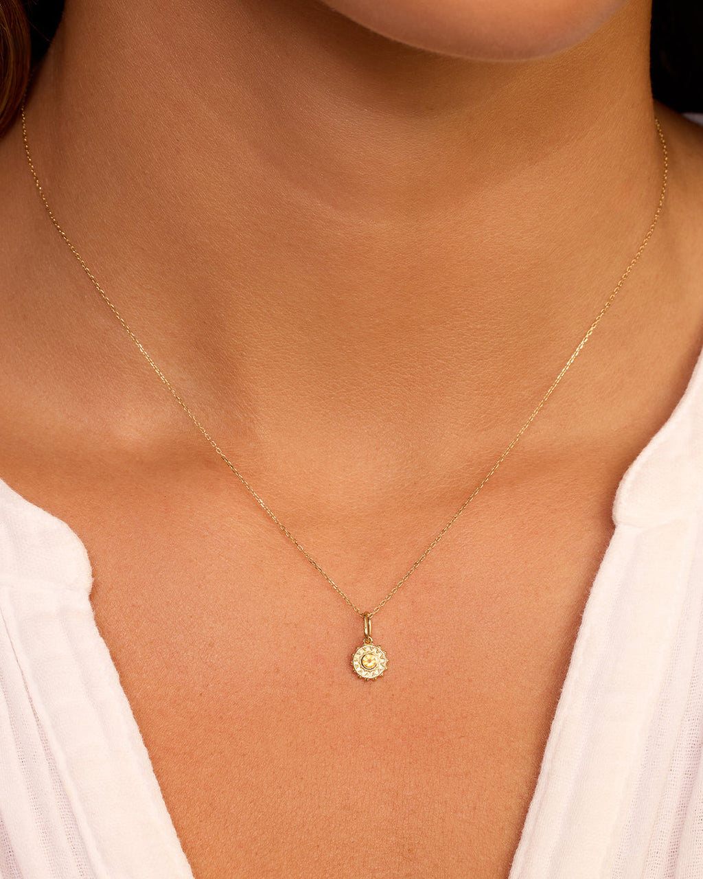 Sun Birthstone Charm Necklace || option::14K Solid Gold, Citrine - November