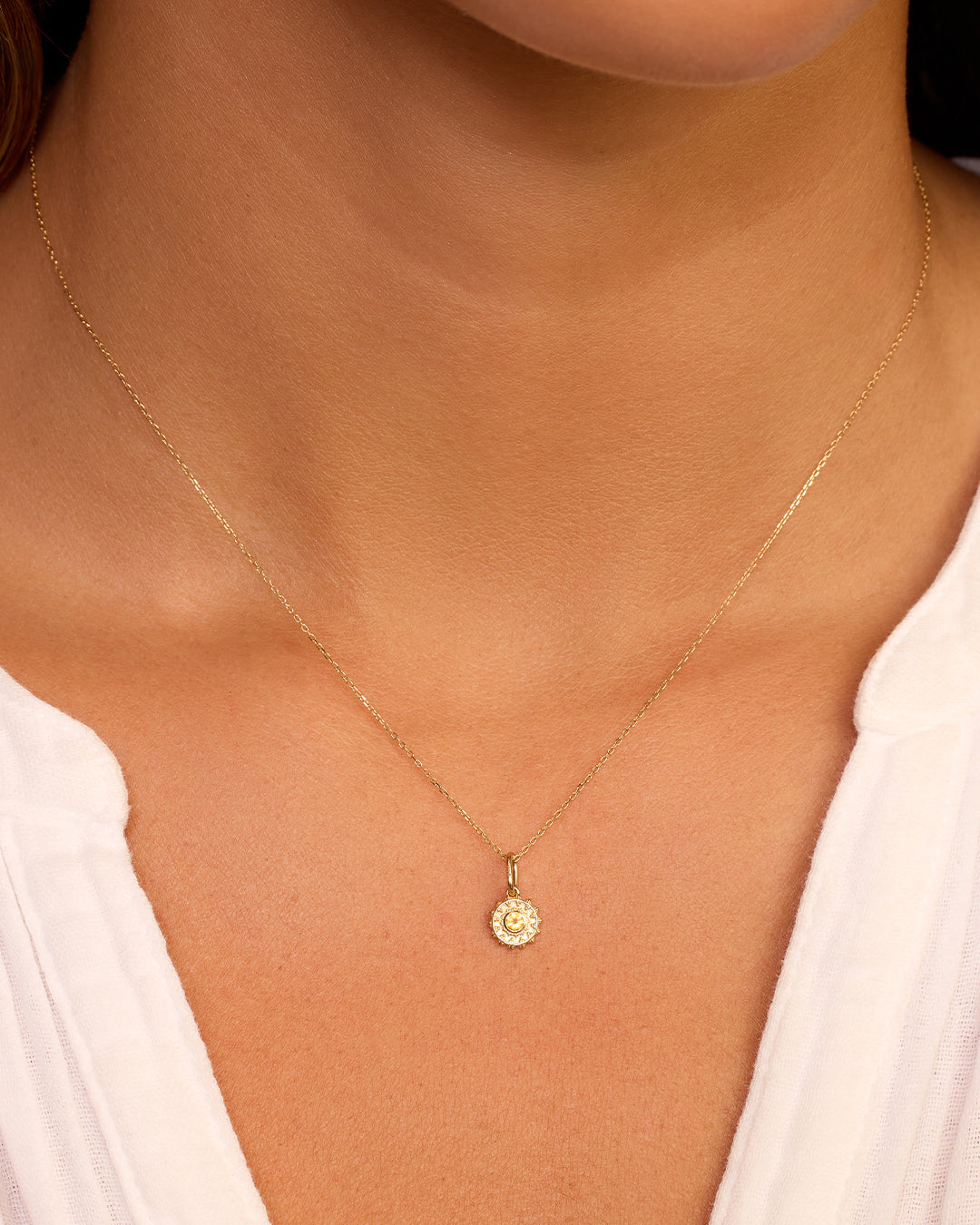 Sun Birthstone Charm Necklace || option::14K Solid Gold, Citrine - November