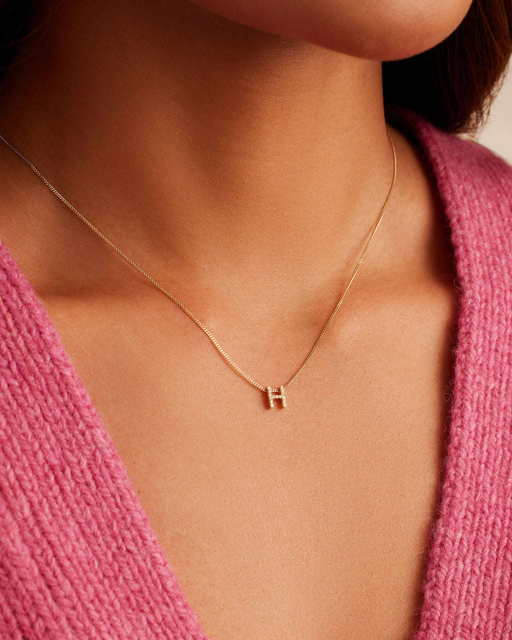Diamond Alphabet Necklace || option::14K Solid Gold, H