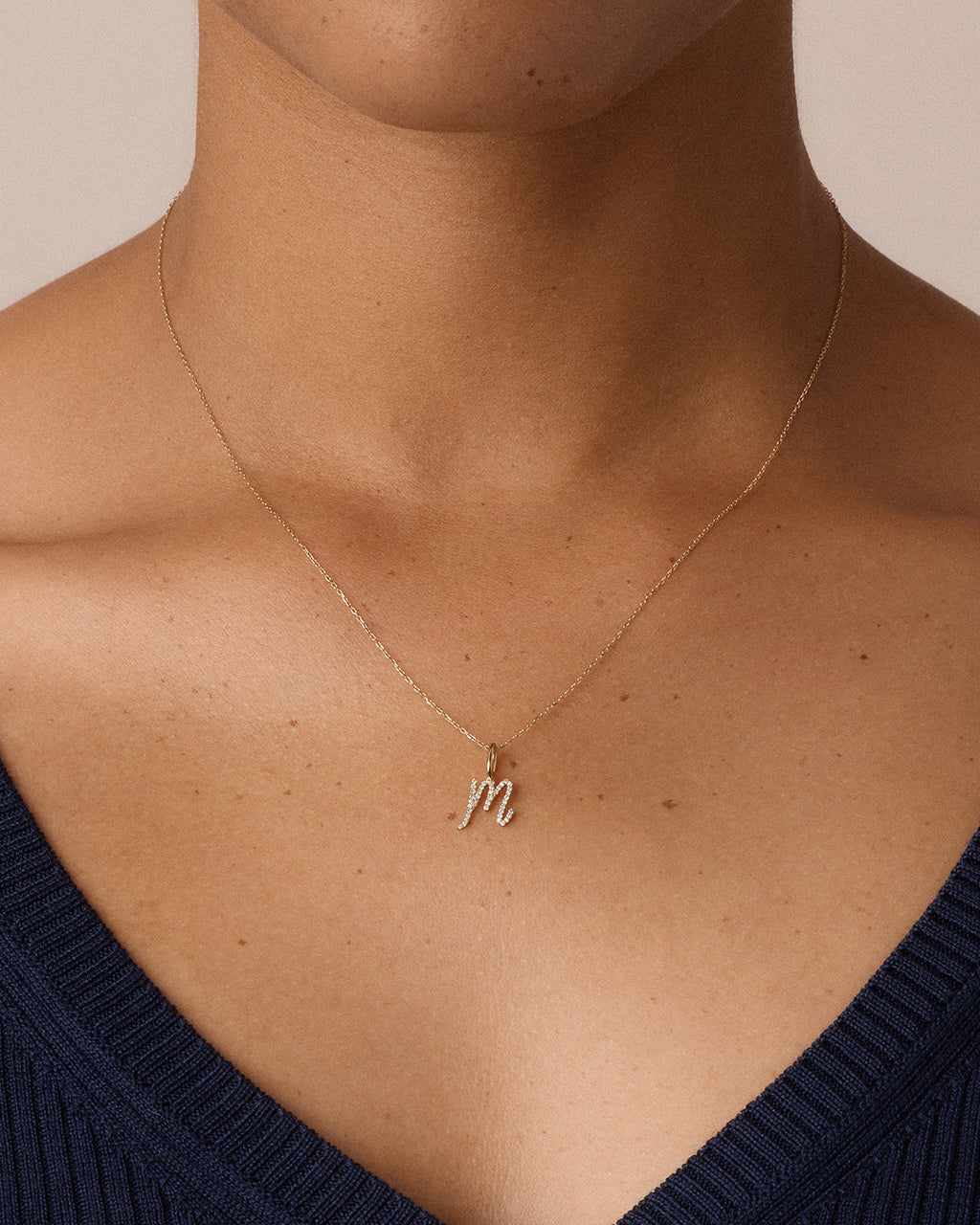 Diamond Script Alphabet Charm Necklace || option::14K Solid Gold, M