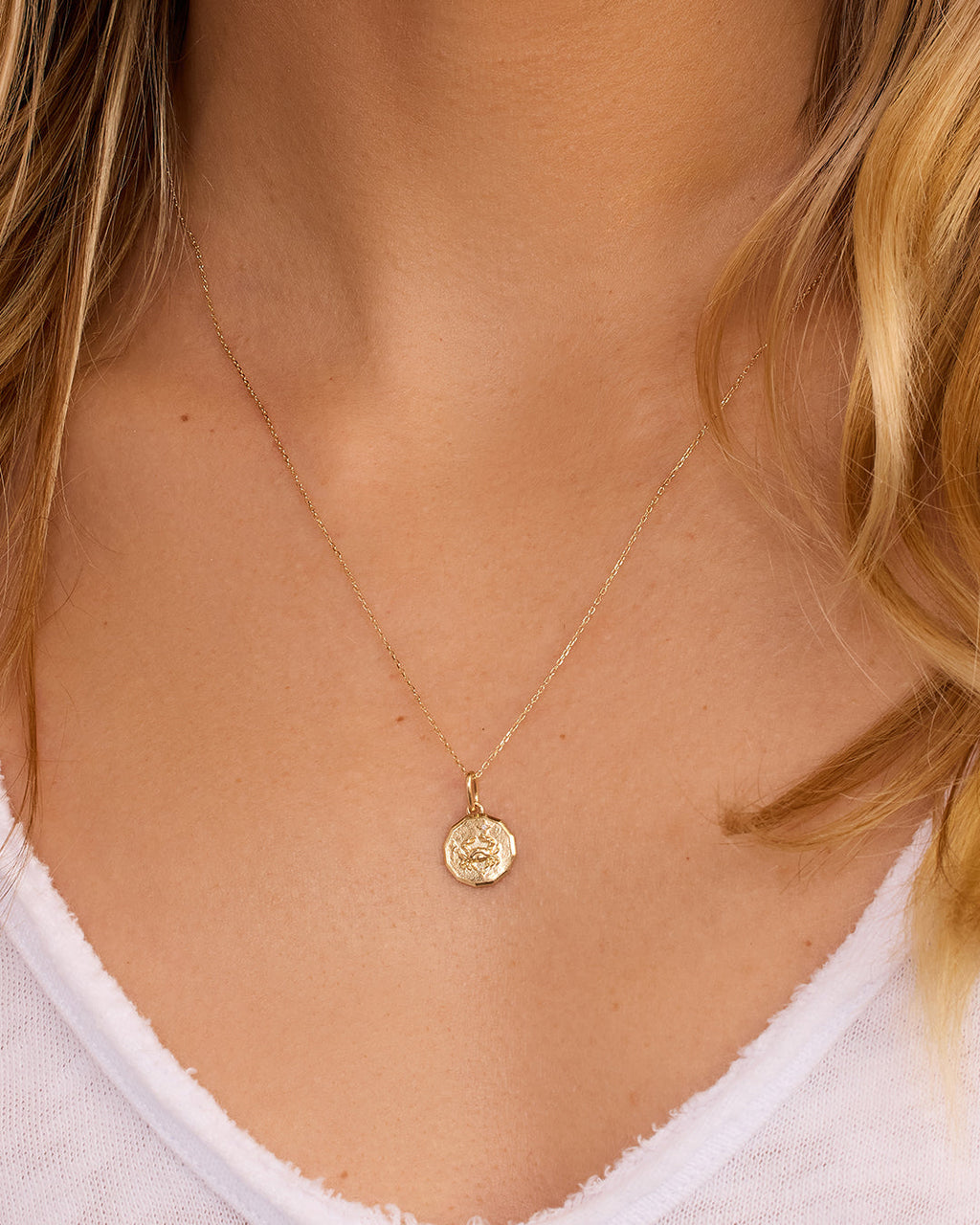Diamond Zodiac Coin Charm Necklace || option::14K Solid Gold, Cancer