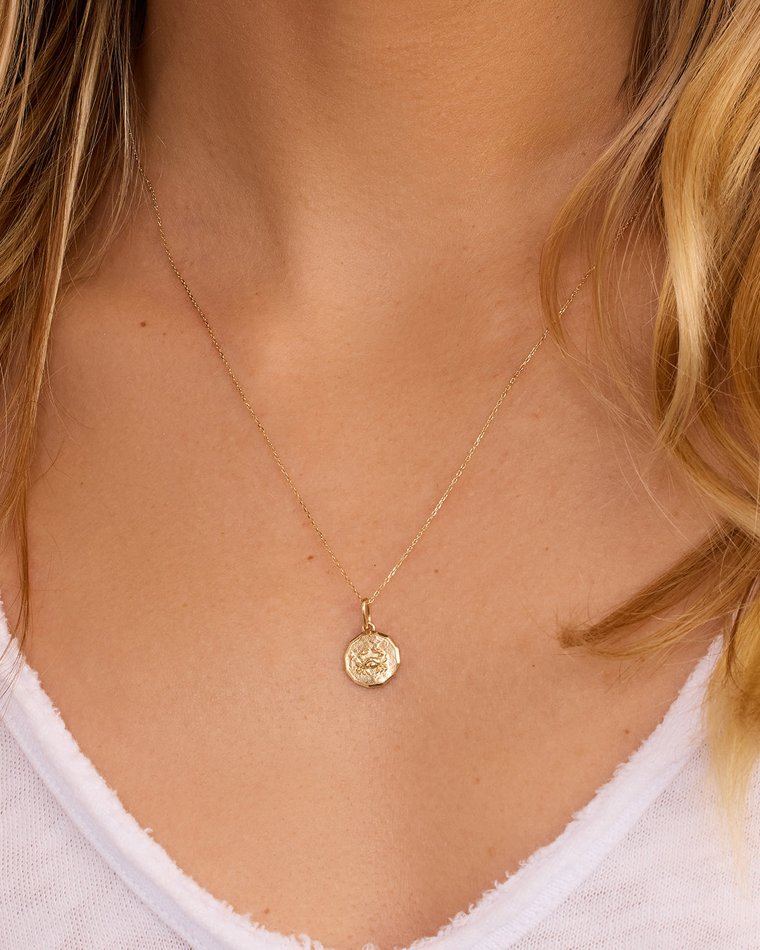 Diamond Zodiac Coin Charm Necklace || option::14K Solid Gold, Cancer
