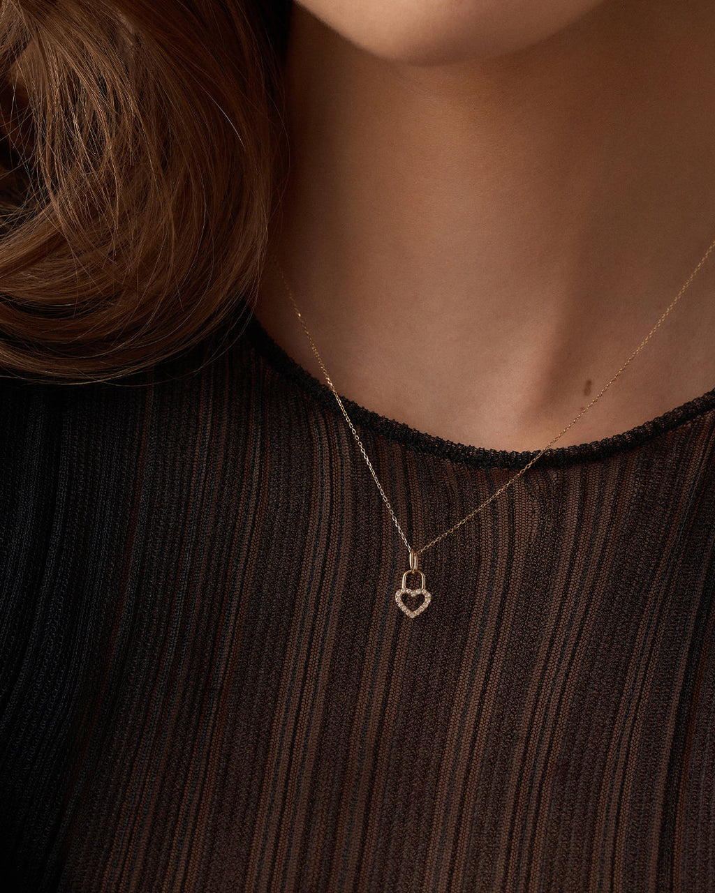 Diamond Heart Padlock Charm Necklace || option::14K Solid Gold