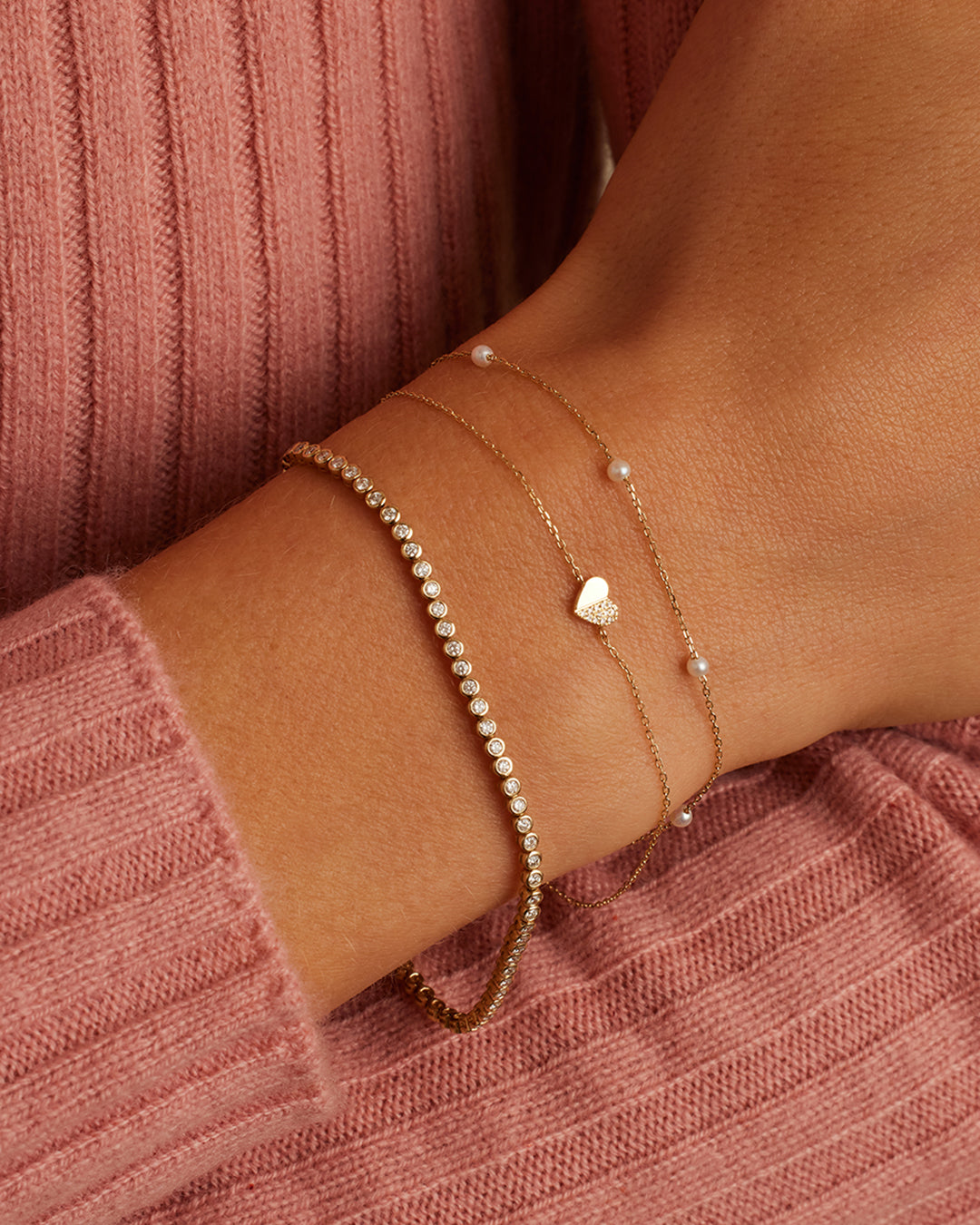 Diamond Bond Bracelet Set || option::14K Solid Gold, Single - Diamonds Right || set::diamond-bond-bracelet-stl