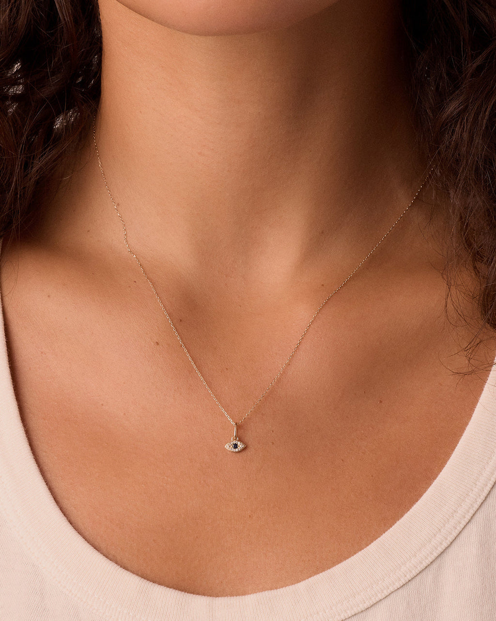 Diamond and Blue Sapphire Evil Eye Charm Necklace || option::14K Solid Gold
