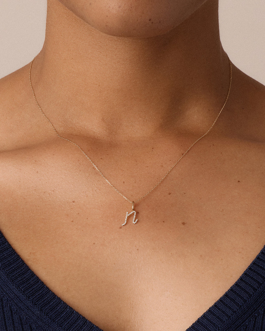 Diamond Script Alphabet Charm Necklace || option::14K Solid Gold, N