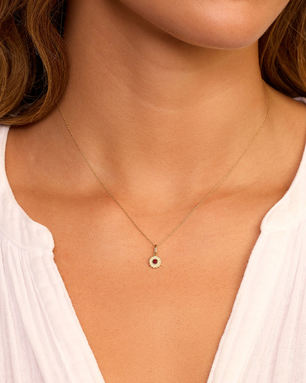 Sun Birthstone Charm Necklace || option::14K Solid Gold, Garnet - January