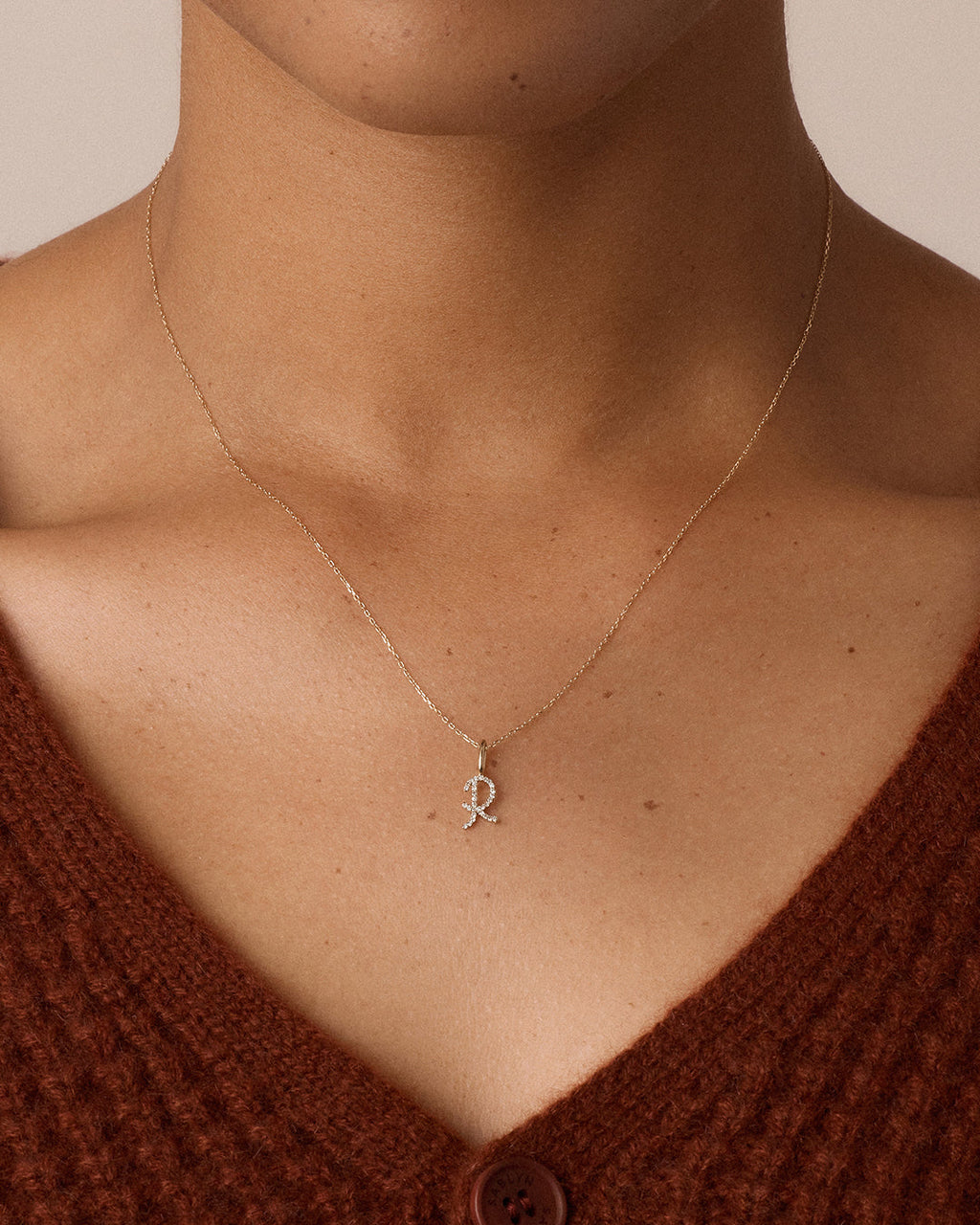 Diamond Script Alphabet Charm Necklace || option::14K Solid Gold, R