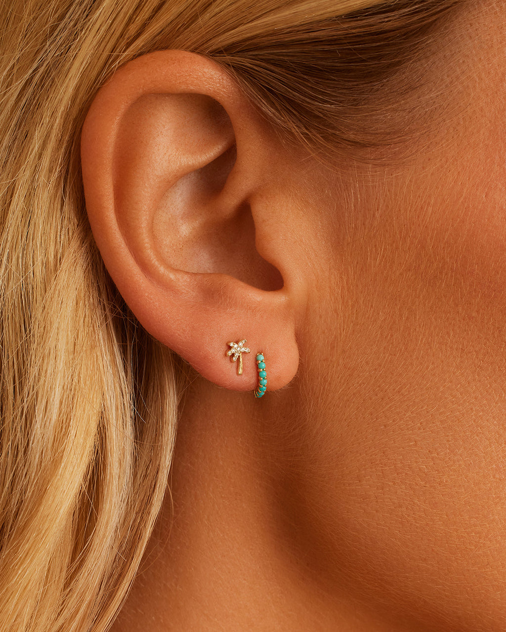 Turquoise Row Huggies || option::14K Solid Gold
