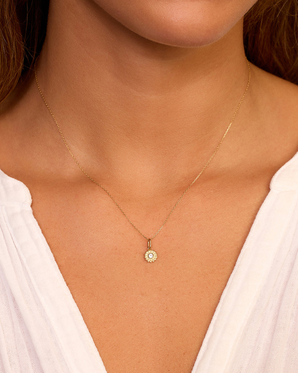 Sun Birthstone Charm Necklace || option::14K Solid Gold, Aquamarine - March