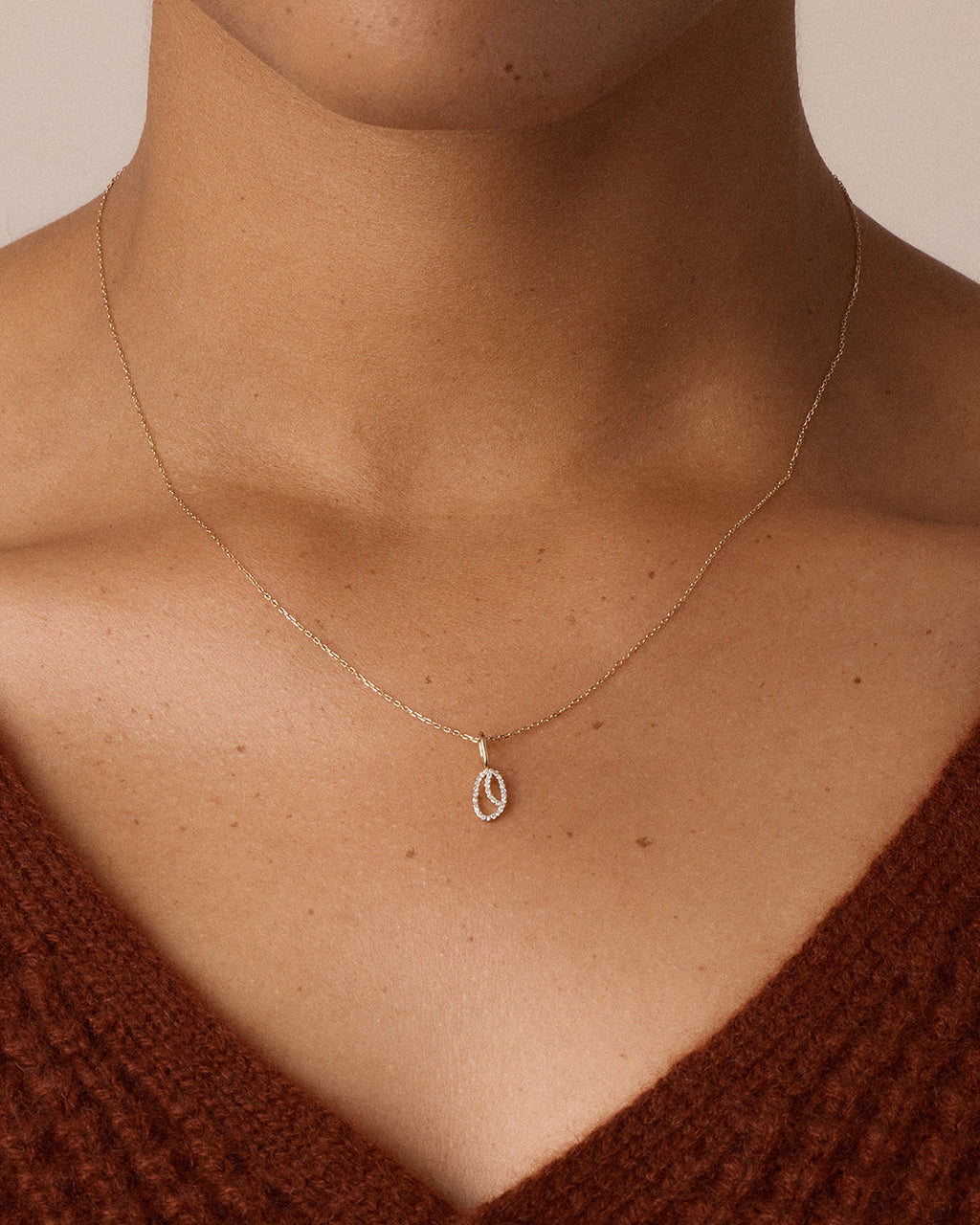 Diamond Script Alphabet Charm Necklace || option::14K Solid Gold, O